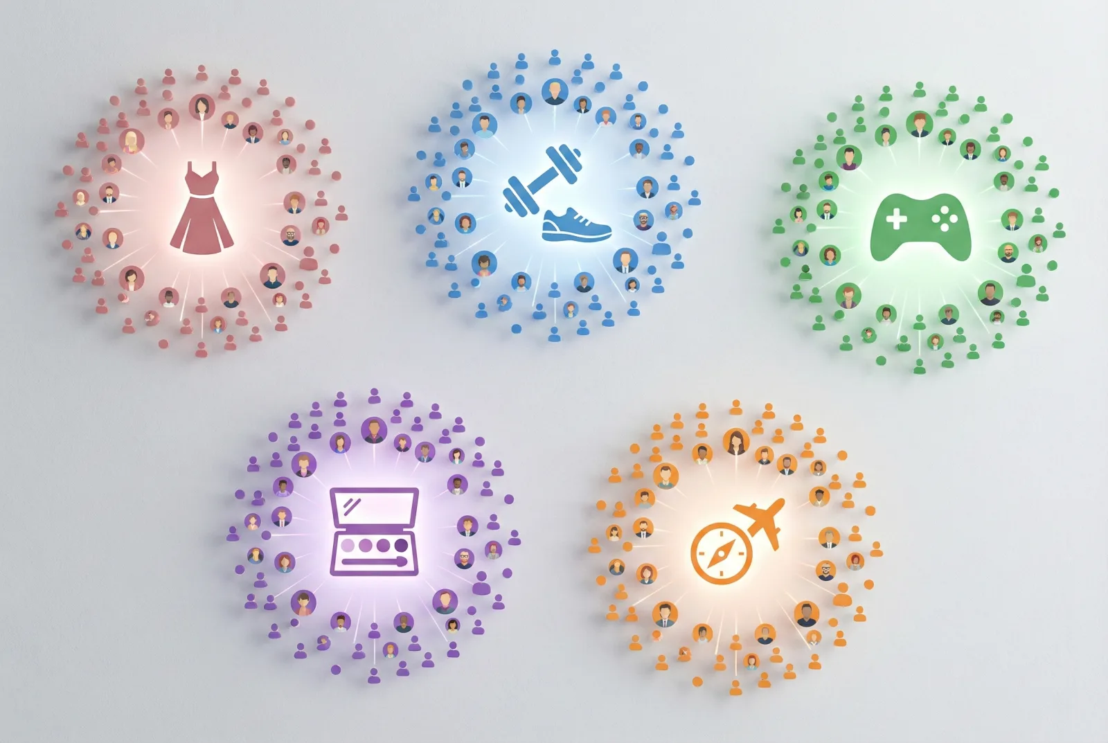 A visual representation of targeted influencer niches, showing focused communities around specific interests.