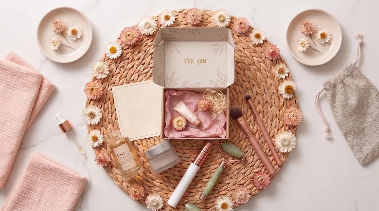 A curated gift box surrounded by skincare and lifestyle products, representing an influencer seeding package.