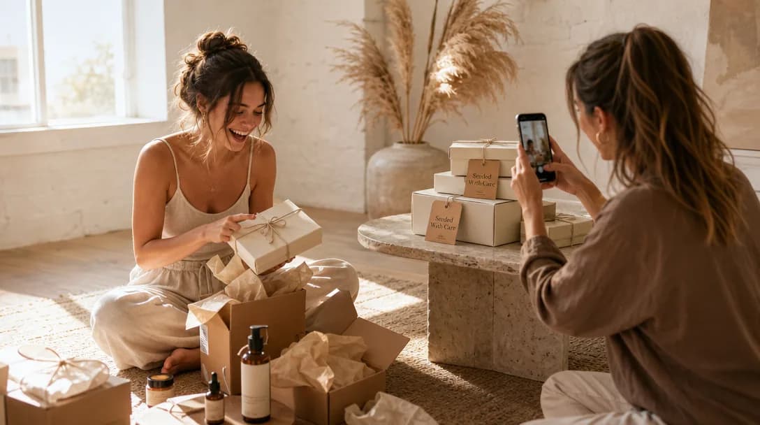 Creators genuinely reacting to unboxed influencer seeding gift while filming content