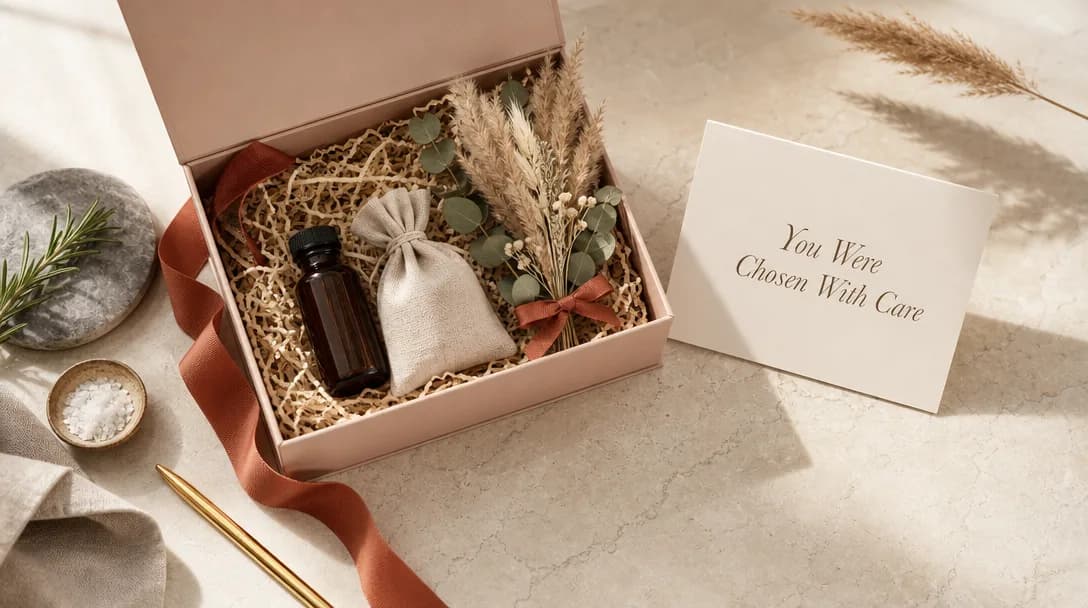 Elegant flat-lay of a curated PR package with card reading You Were Chosen With Care