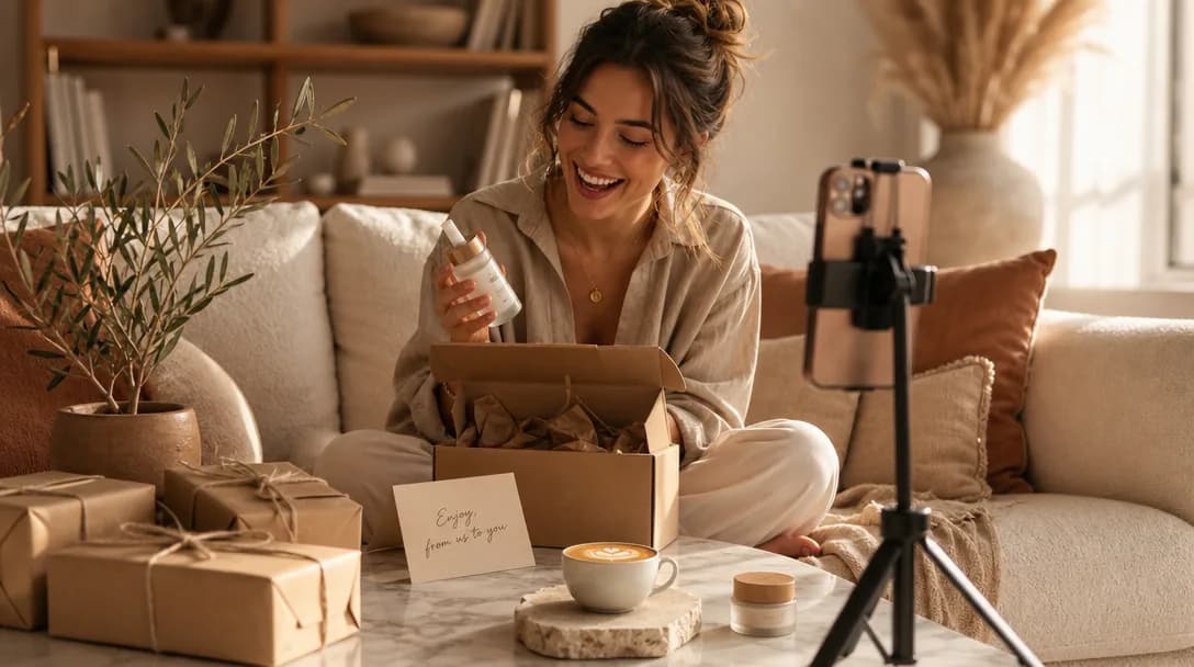 Content creator joyfully unboxing a seeded product for authentic social media content