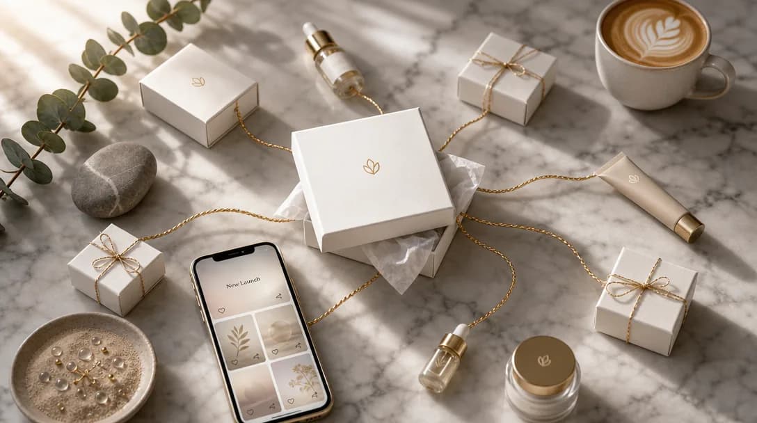 Luxury flat-lay of product boxes and phone symbolizing content seeding strategy