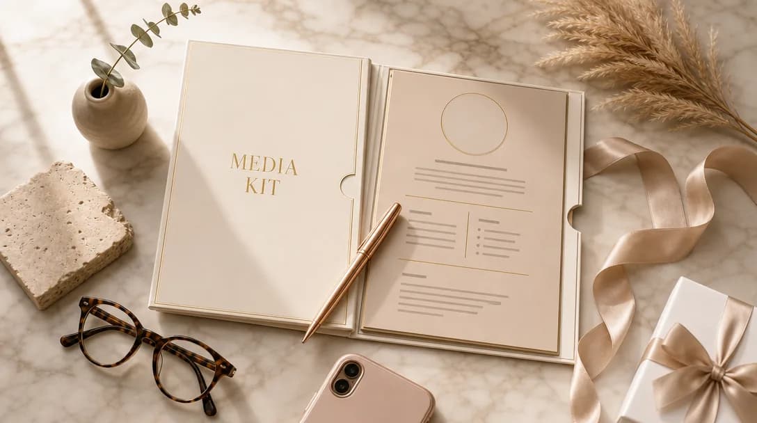 Luxury flat-lay of an influencer media kit folder with gifting props