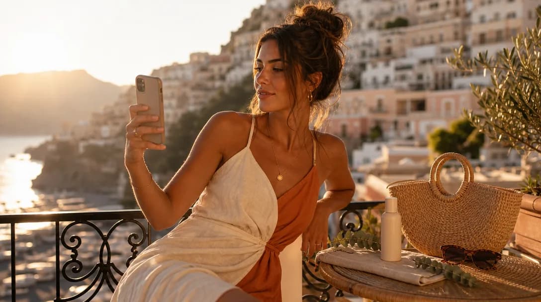 Influencer holding smartphone on sunny hotel terrace with minimalist skincare product and travel accessories.