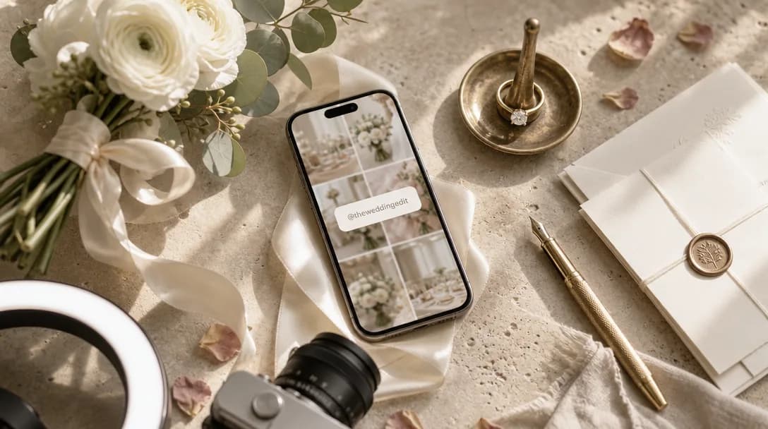 Smartphone on silk ribbon with wedding props on pale travertine stone surface