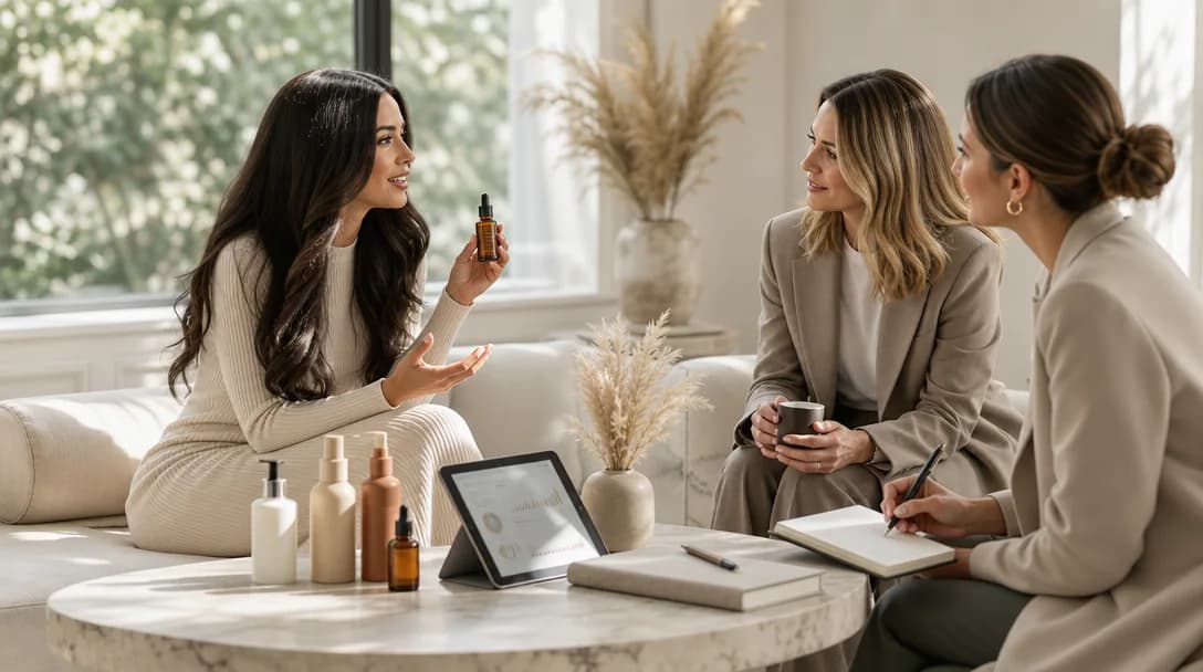 Influencer and brand representatives collaborating in a sunlit studio with hair care products.