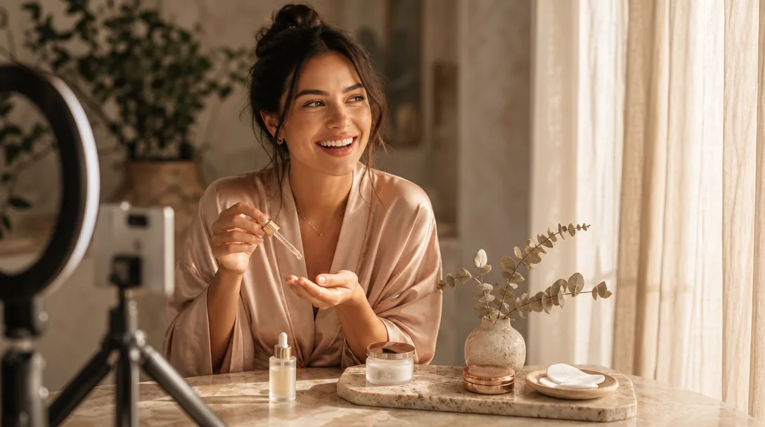 Woman in blush robe applying facial serum at a sunlit marble vanity table.