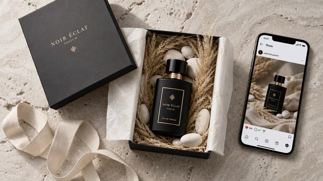 Matte-black perfume bottle in gift box with pampas grass and ribbon on travertine.