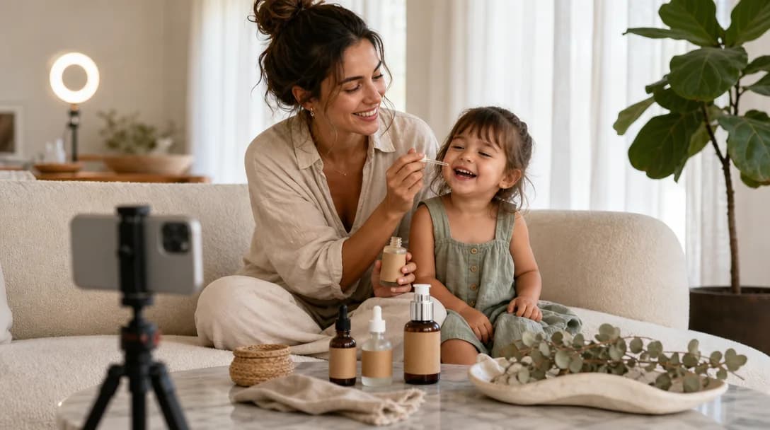 Mother applying skincare serum to toddler on a cream sofa in bright living room