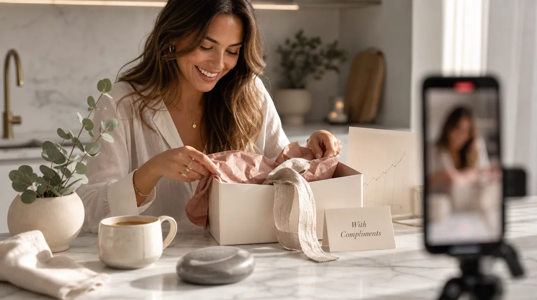 Woman opening luxury gift box on marble island with coffee and eucalyptus decor