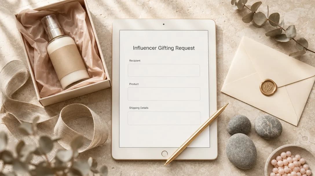 Minimalist digital gifting request tablet on travertine with skincare, eucalyptus, and gold pen.