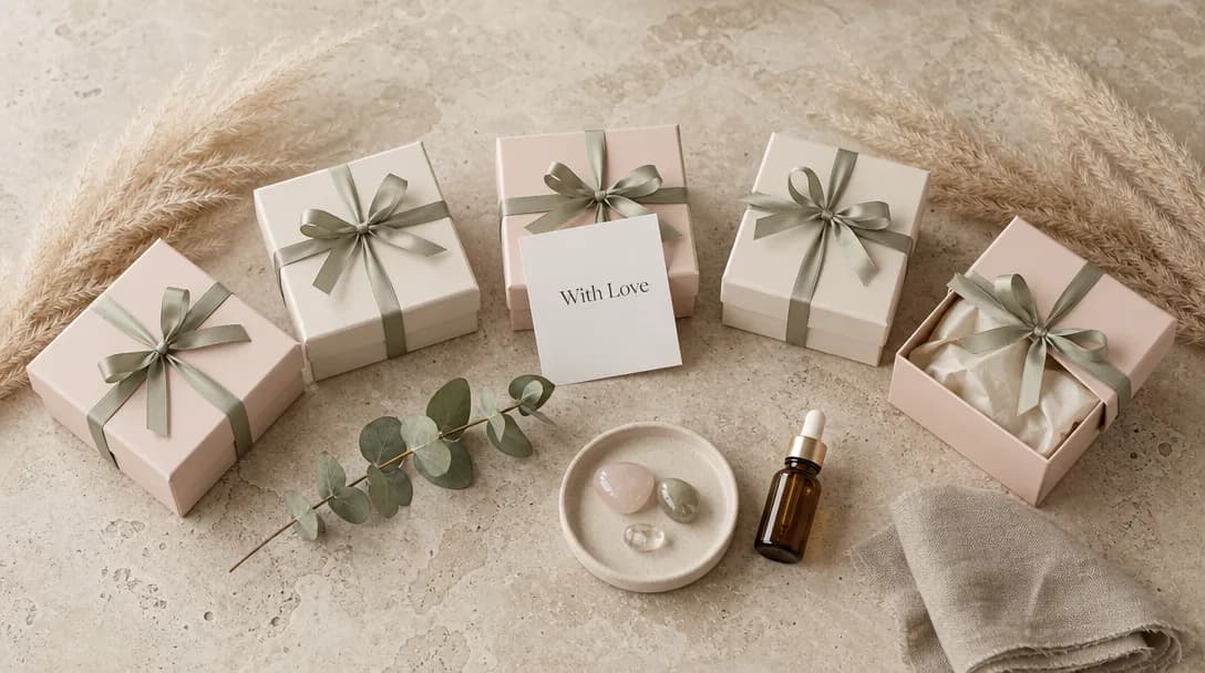 Five blush and cream gift boxes with sage ribbons arranged on travertine stone.