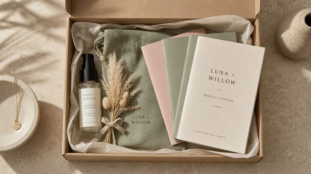 Influencer gift box with skincare, cotton pouch, dried grass, and colorful product catalogs.