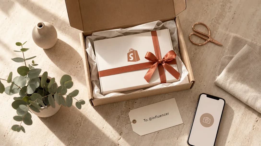 Shopify product gift box with terracotta ribbon and influencer label on travertine stone.