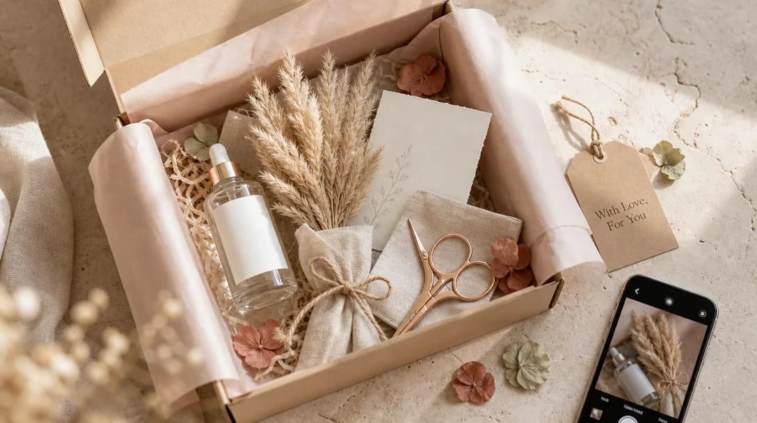 Elegant gift box unboxing with skincare, dried flowers, and note on travertine stone