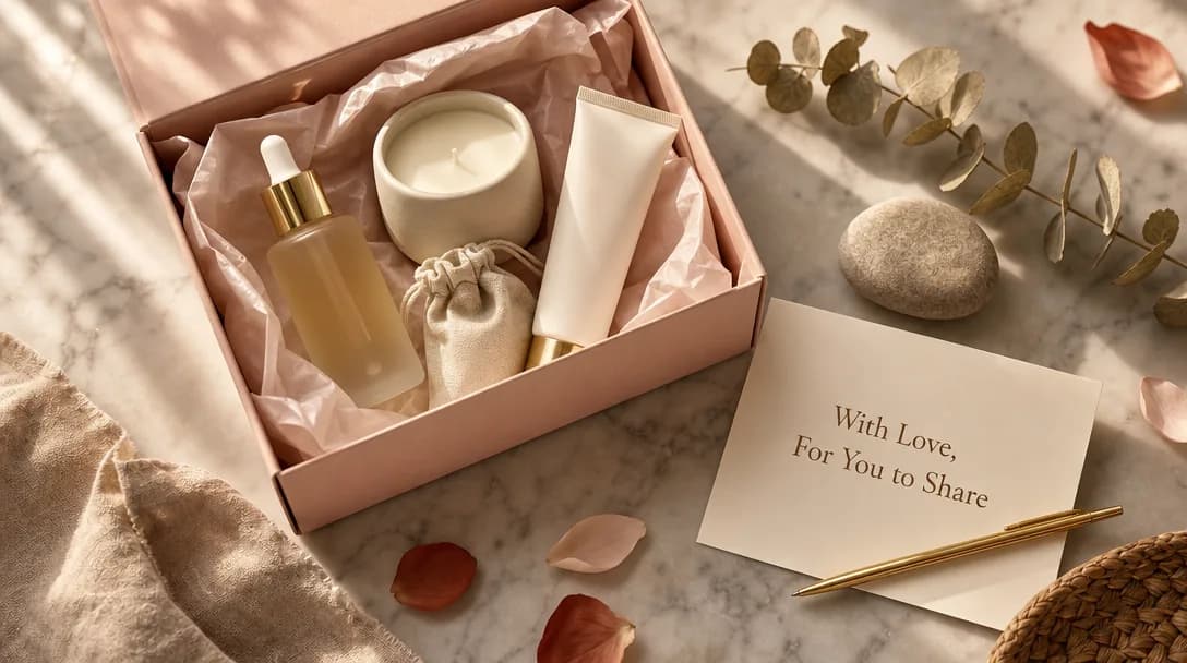 Flat-lay of a pink unboxing gift box featuring beauty products, eucalyptus, and stationery.