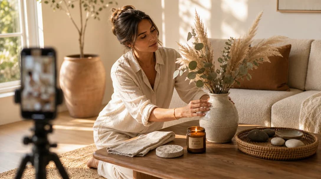 Woman styling a minimalist living room with a ceramic vase and pampas grass.