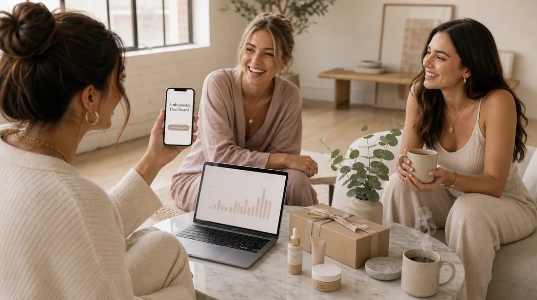 Three women in a minimalist loft using a smartphone app for referral rewards.