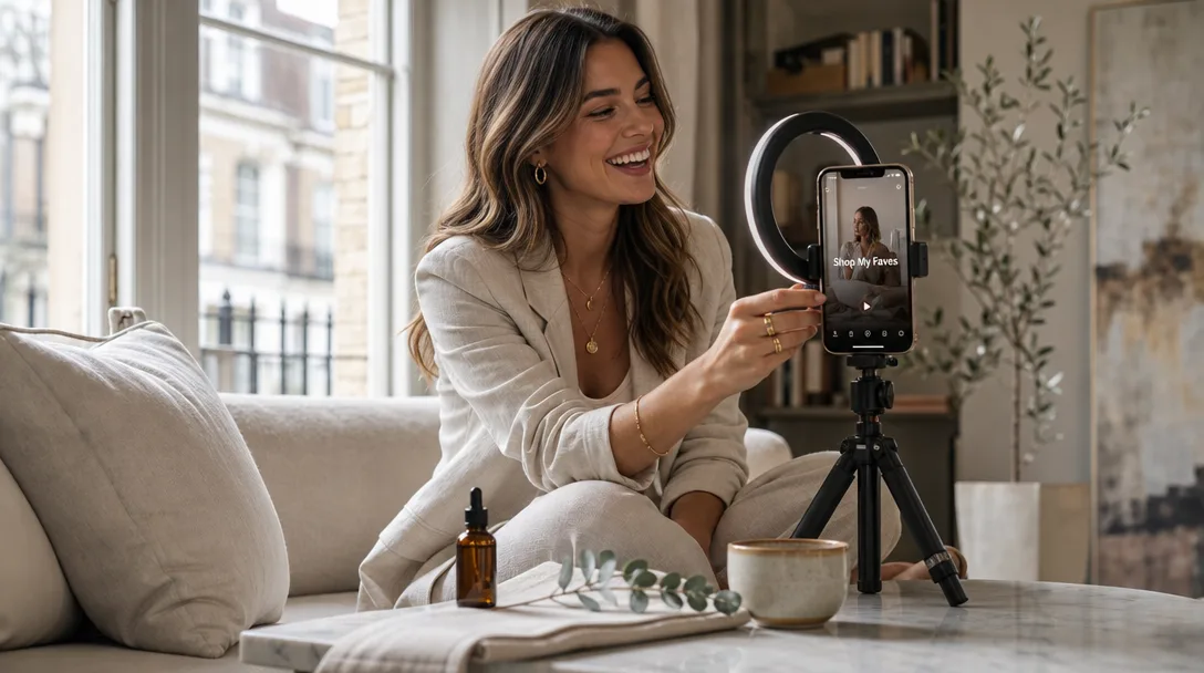 Woman in cream blazer laughing while setting up a smartphone tripod for social content.