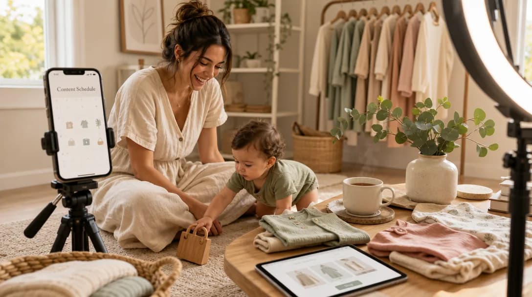 Mother and toddler playing in a sunlit home studio with e-commerce content setup.