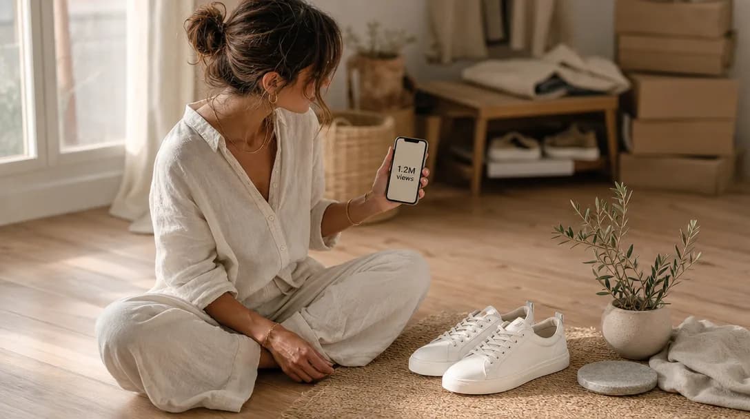 Content creator editing footwear brand post on smartphone near white leather sneakers