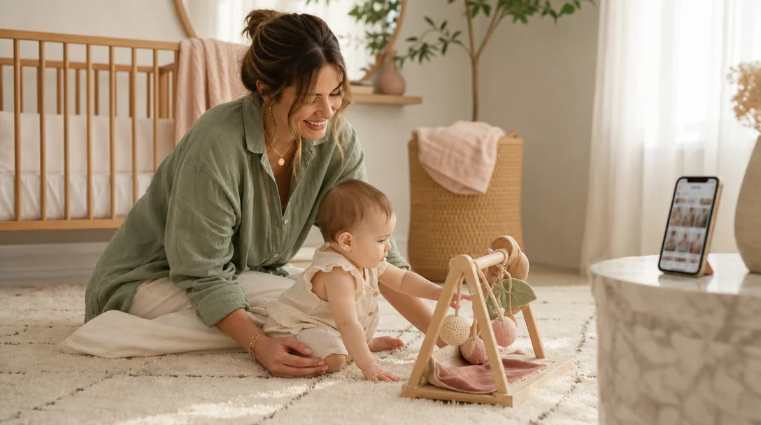 Mother laughing while playing with baby on a plush rug in a minimalist nursery.