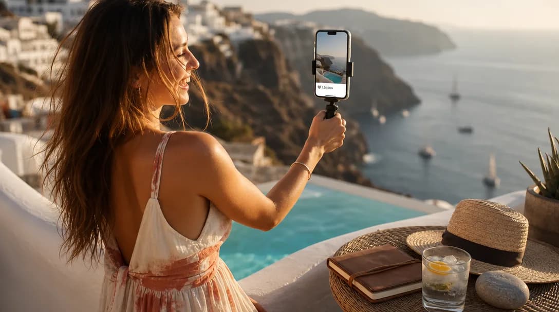 Travel content creator on Mediterranean terrace holding smartphone with tripod at golden hour