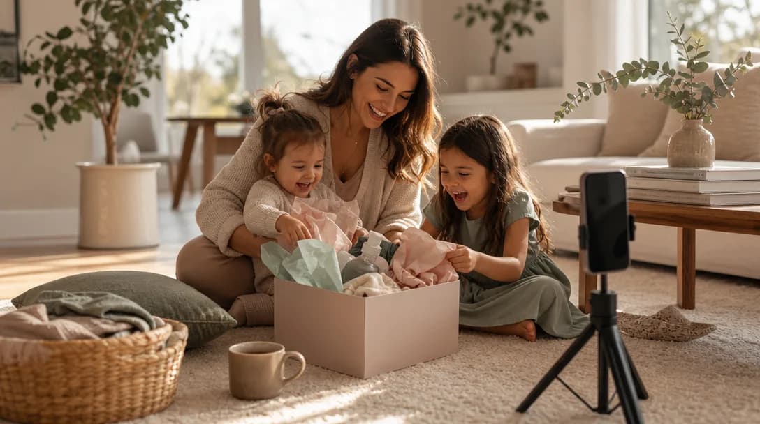 Mother and two children laughing while opening a gift in a bright modern living room.