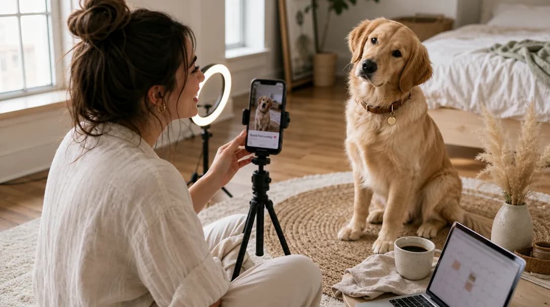 Woman photographing a golden retriever on a smartphone in a sunlit studio apartment.