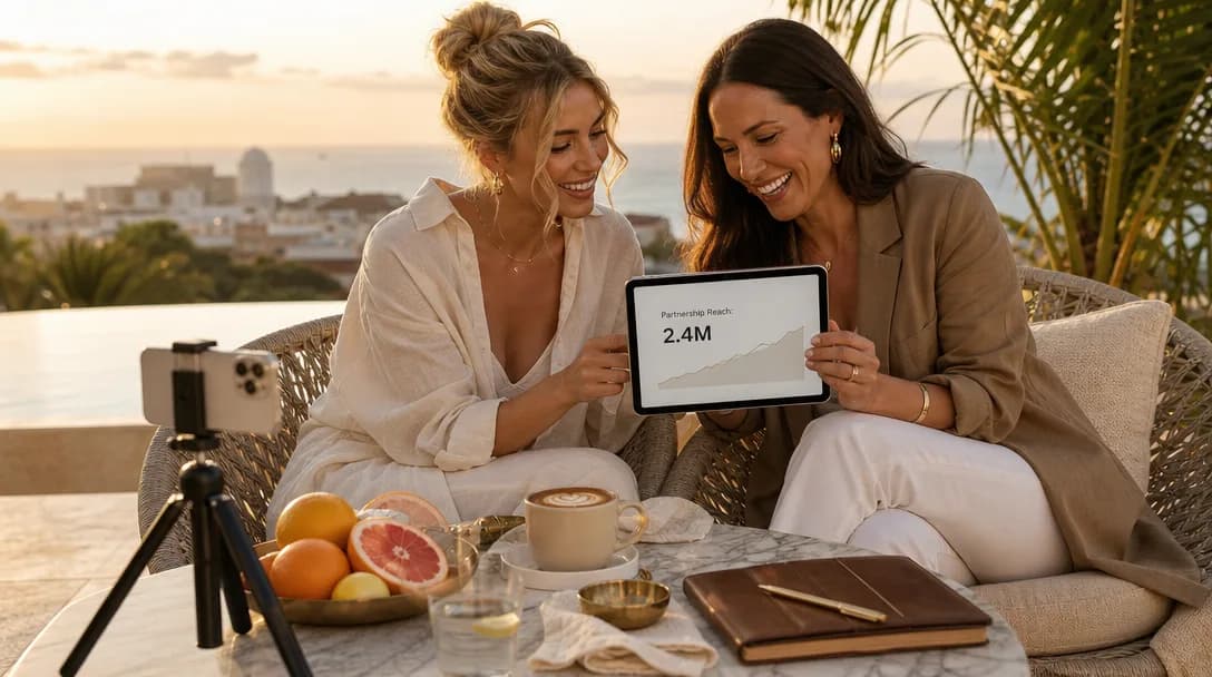 Two content creators collaborating on a rooftop brunch with a tablet and smartphone.
