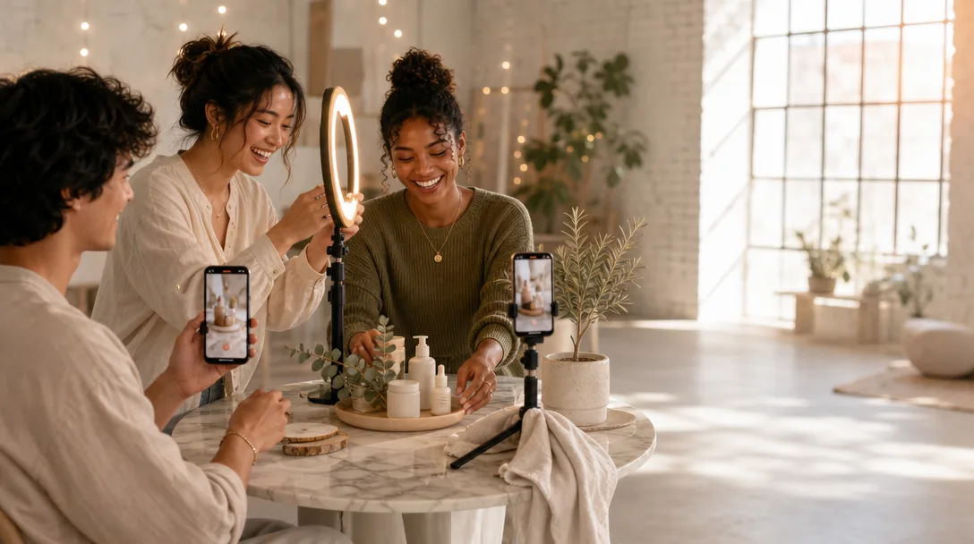 Three content creators laughing while filming a product flat-lay in a sunlit studio.