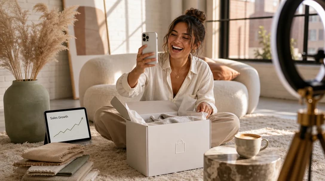Content creator laughing while unboxing a package in a sunlit minimalist studio.