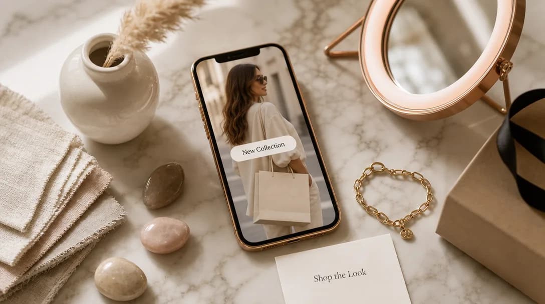 Smartphone displaying New Collection on marble surface with curated lifestyle accessories and decor.