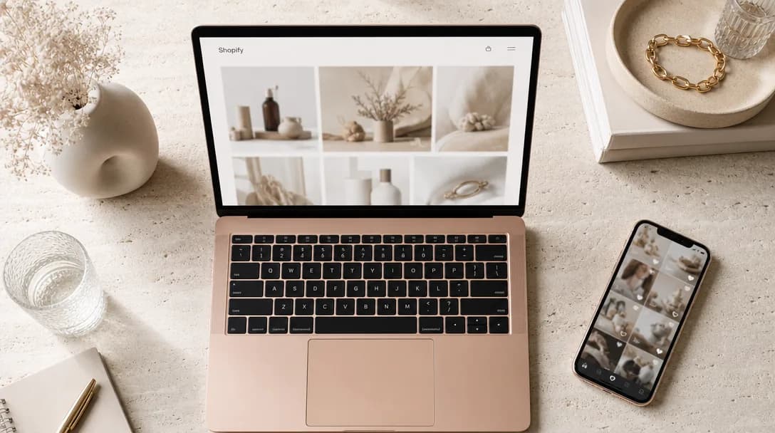 Open rose gold laptop and sleek smartphone displaying minimalist e-commerce interface on travertine stone.