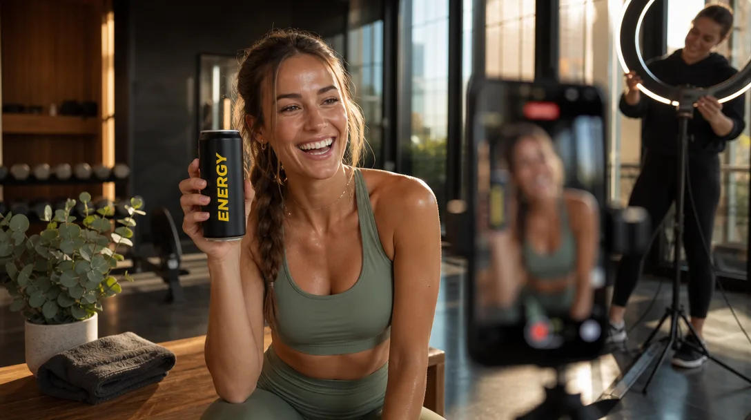 Fitness influencer laughing while holding a matte black energy drink in a sunlit gym.