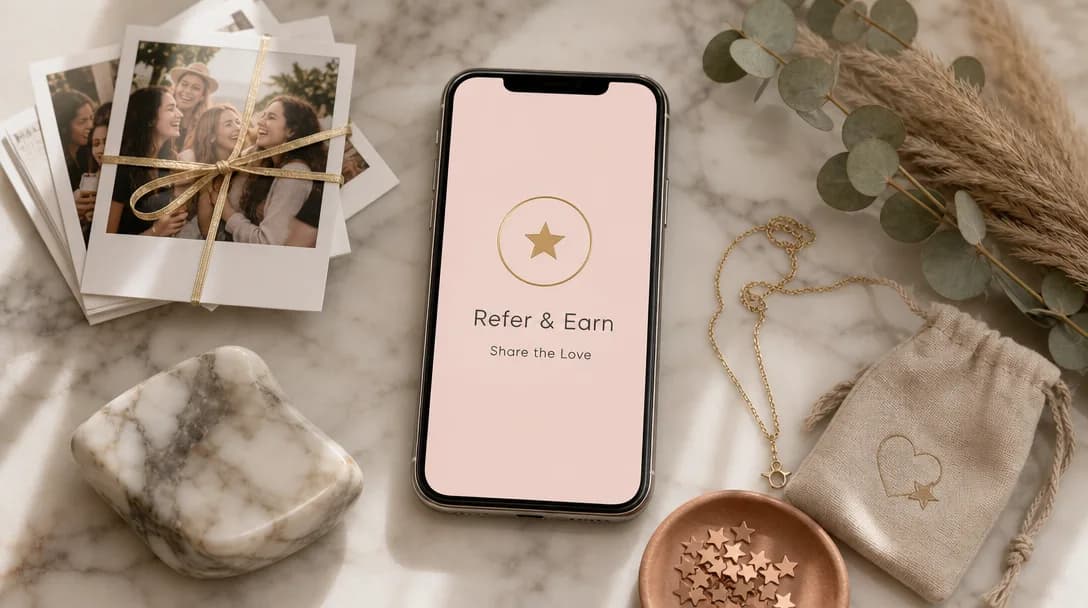 Smartphone displaying Refer and Earn on a marble surface with lifestyle accessories.