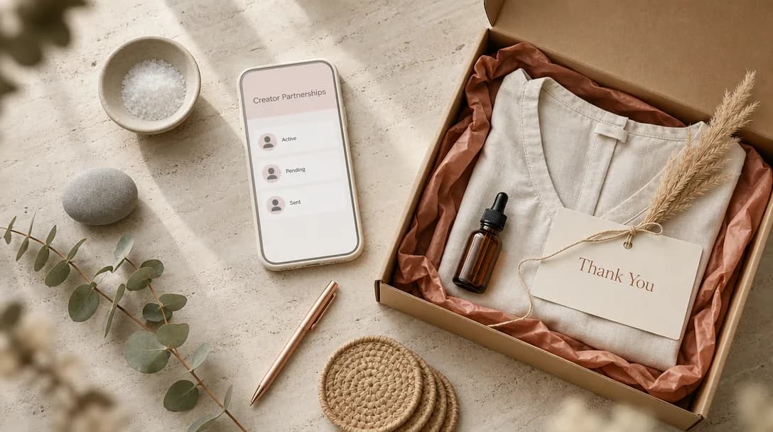 Flat-lay luxury influencer PR kit with smartphone app interface on travertine stone surface.