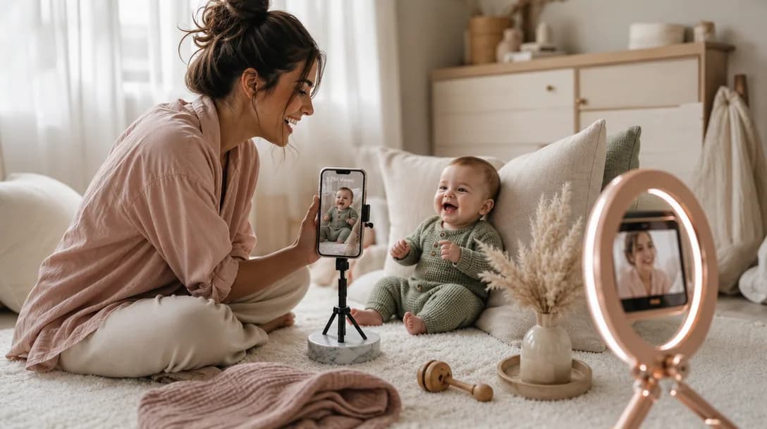 Mother filming her giggling baby on a smartphone in a sunlit minimalist nursery.