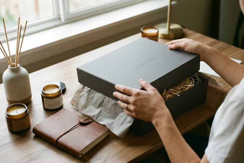 A premium branded gift box being opened by a creator, representing authentic brand discovery.