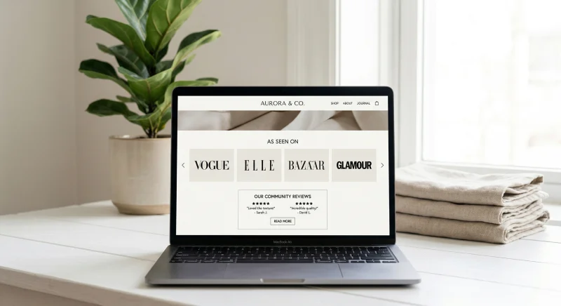 A Shopify storefront showing trust signals including reviews, creator videos, and social proof badges.