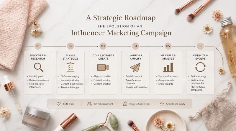 A strategic roadmap showing the six phases of an influencer marketing campaign.