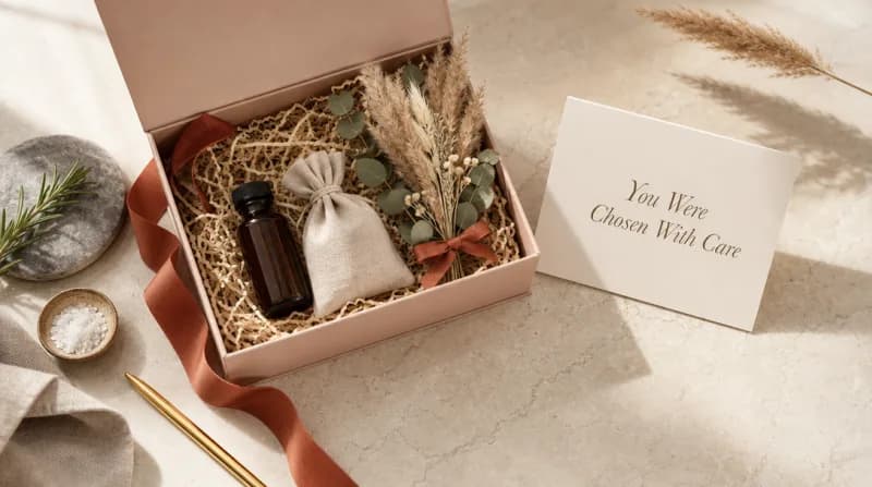 Elegant flat-lay of a curated PR package with card reading You Were Chosen With Care