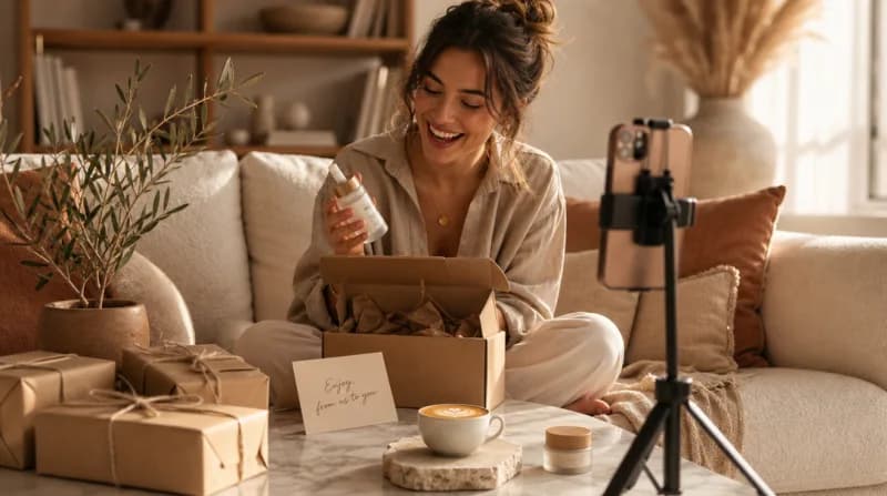 Content creator joyfully unboxing a seeded product for authentic social media content