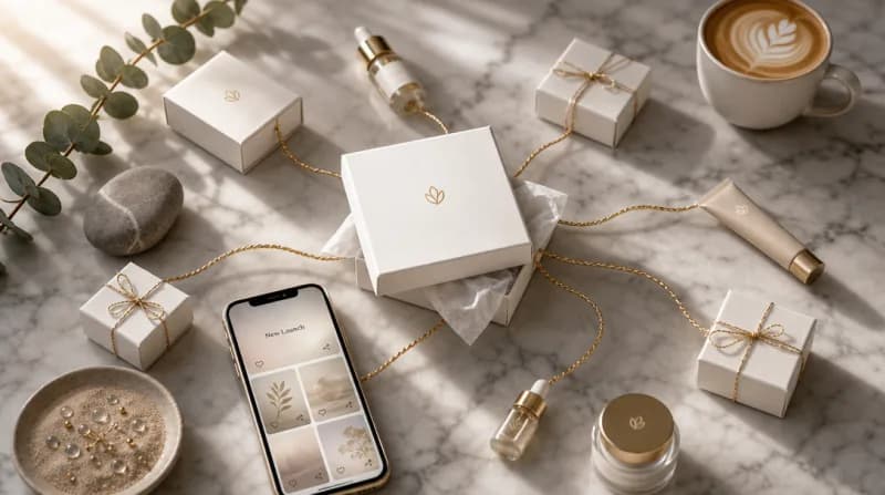 Luxury flat-lay of product boxes and phone symbolizing content seeding strategy
