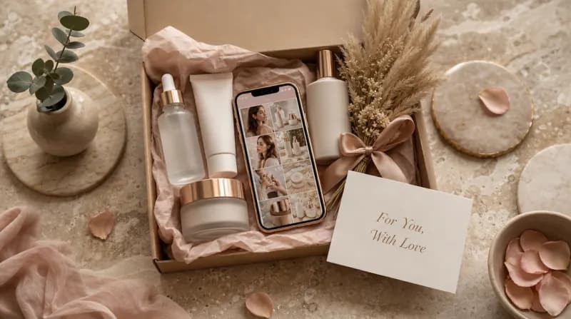 Luxury flat-lay of a beauty influencer gifting box with phone and note