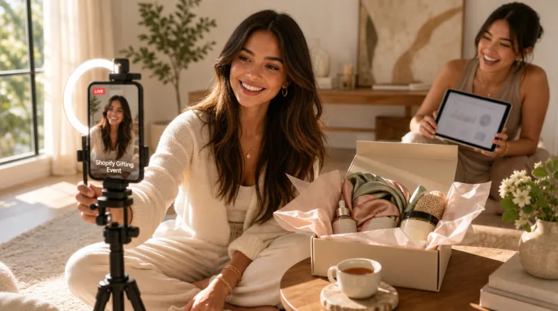 Influencer live-streaming a gifting unboxing beside a Shopify sales dashboard