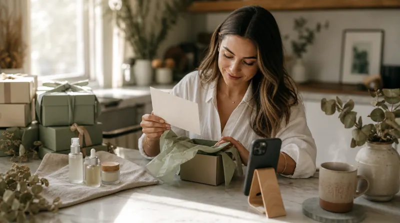 Content creator unboxing a gifted product in a sunlit, cozy kitchen