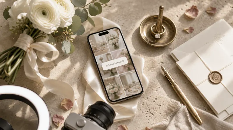 Smartphone on silk ribbon with wedding props on pale travertine stone surface