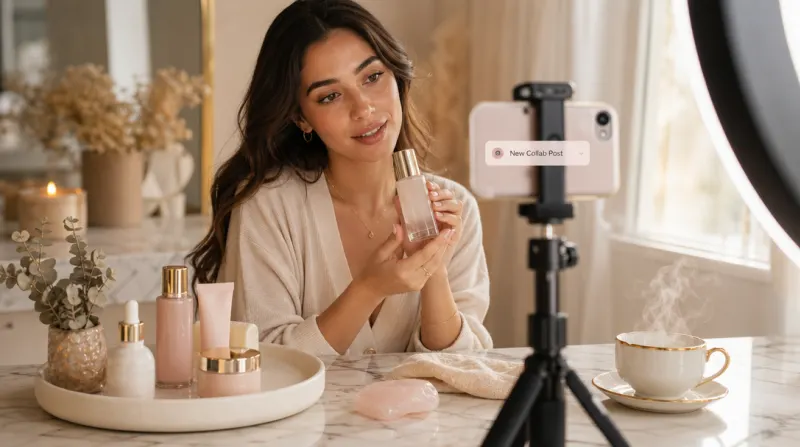 Beauty influencer holding skincare product at a marble vanity for a social media collaboration.