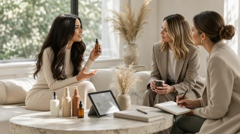 Influencer and brand representatives collaborating in a sunlit studio with hair care products.